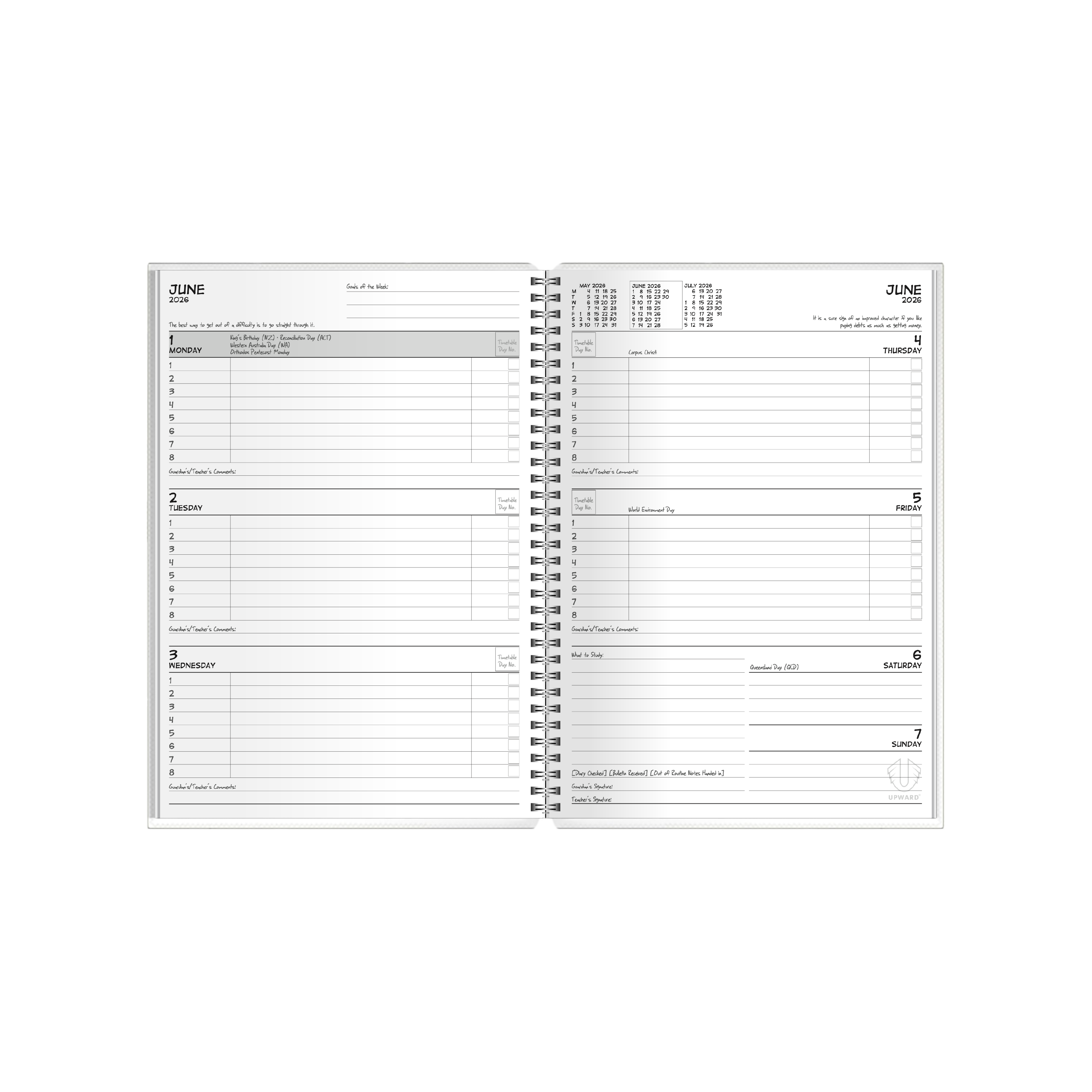 Upward - Student Diary 4400, 12 Month 2026 Calendar Year Planner, Week to View Diary, B5 Wiro Bound