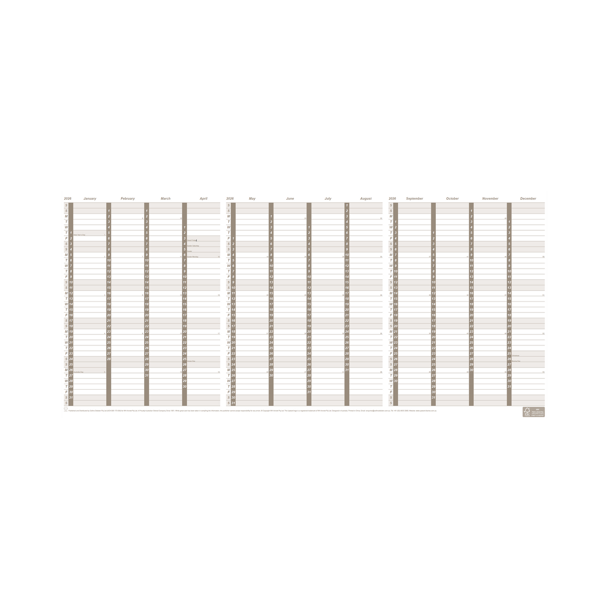 Upward - Diary Planner 4702, 2026 Calendar Year Planner, A4 Fold out 557x297mm Paper Planner
