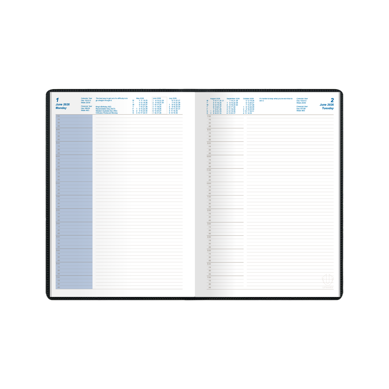 Upward - Standard 8221, 12 Month 2026 Calendar Year Planner, Day to Page Diary, B5 Case Bound