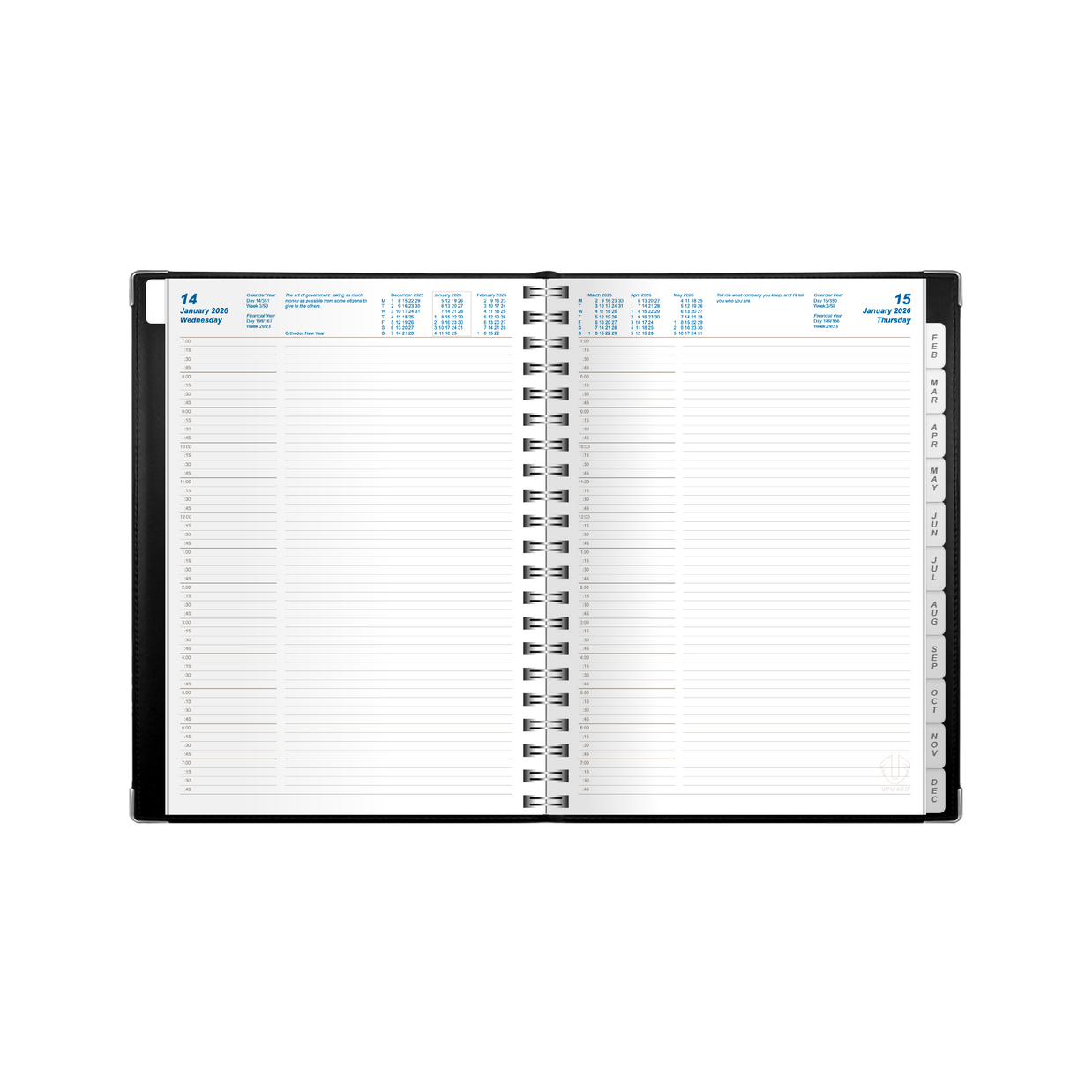 Upward - Deluxe 8242, 12 Month 2026 Calendar Year Planner, Day to Page Diary, B5 Wiro Bound