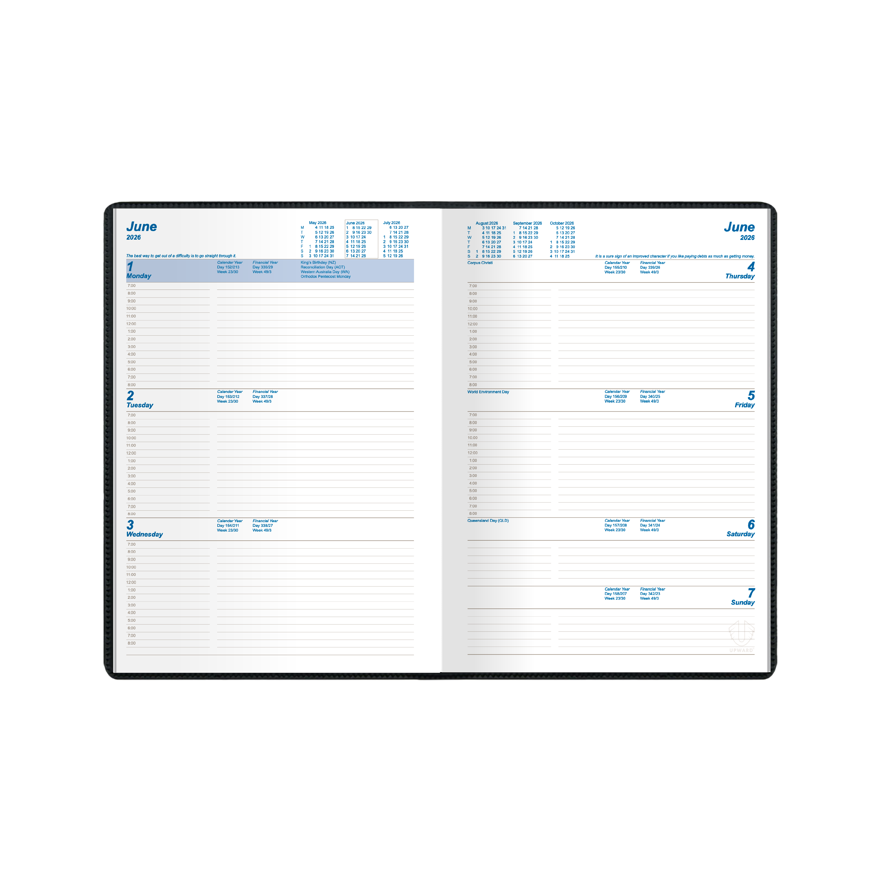 Upward - Standard 8421, 12 Month 2026 Calendar Year Planner, Week to View Diary, B5 Case Bound