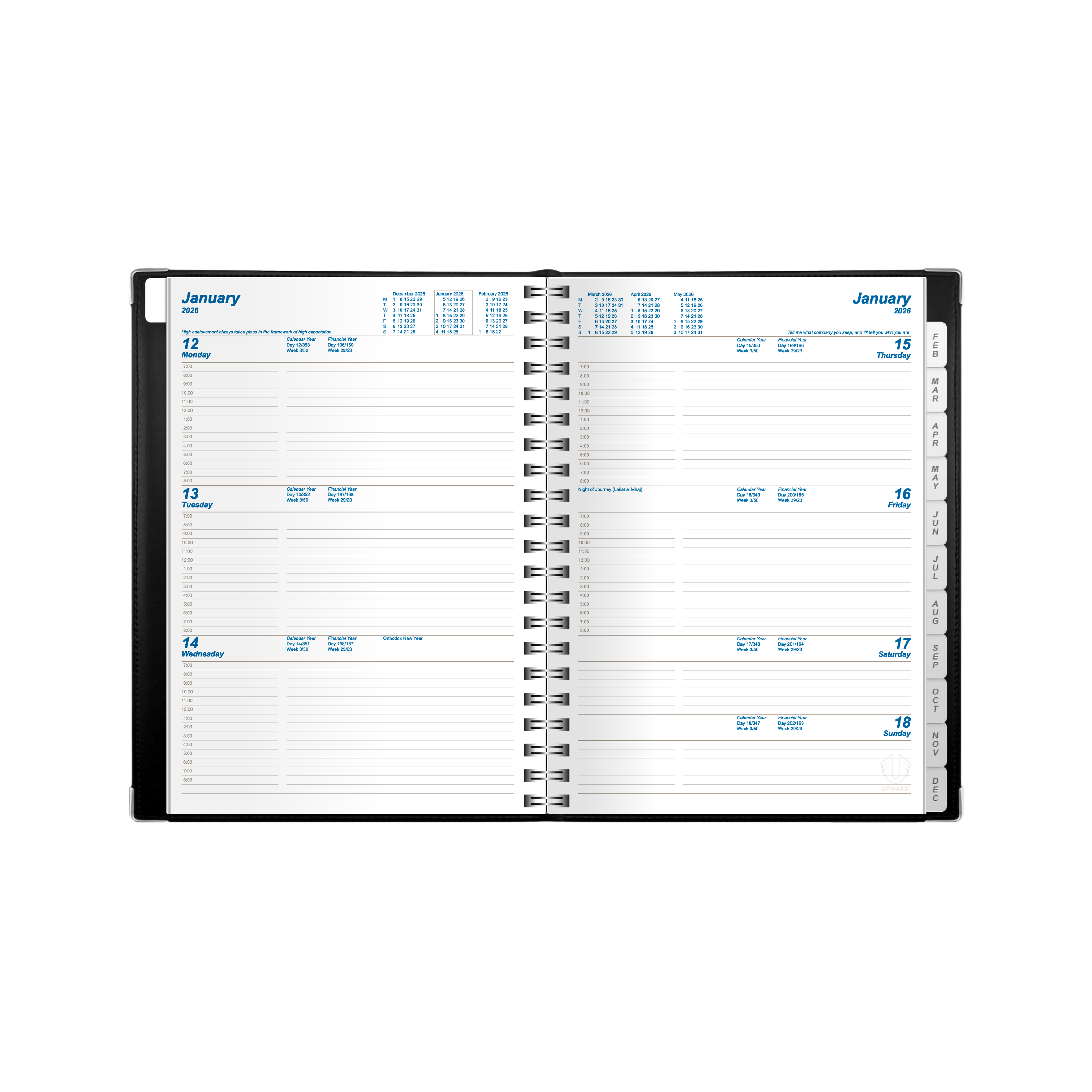Upward - Deluxe 8442, 12 Month 2026 Calendar Year Planner, Week to View Diary, B5 Wiro Bound