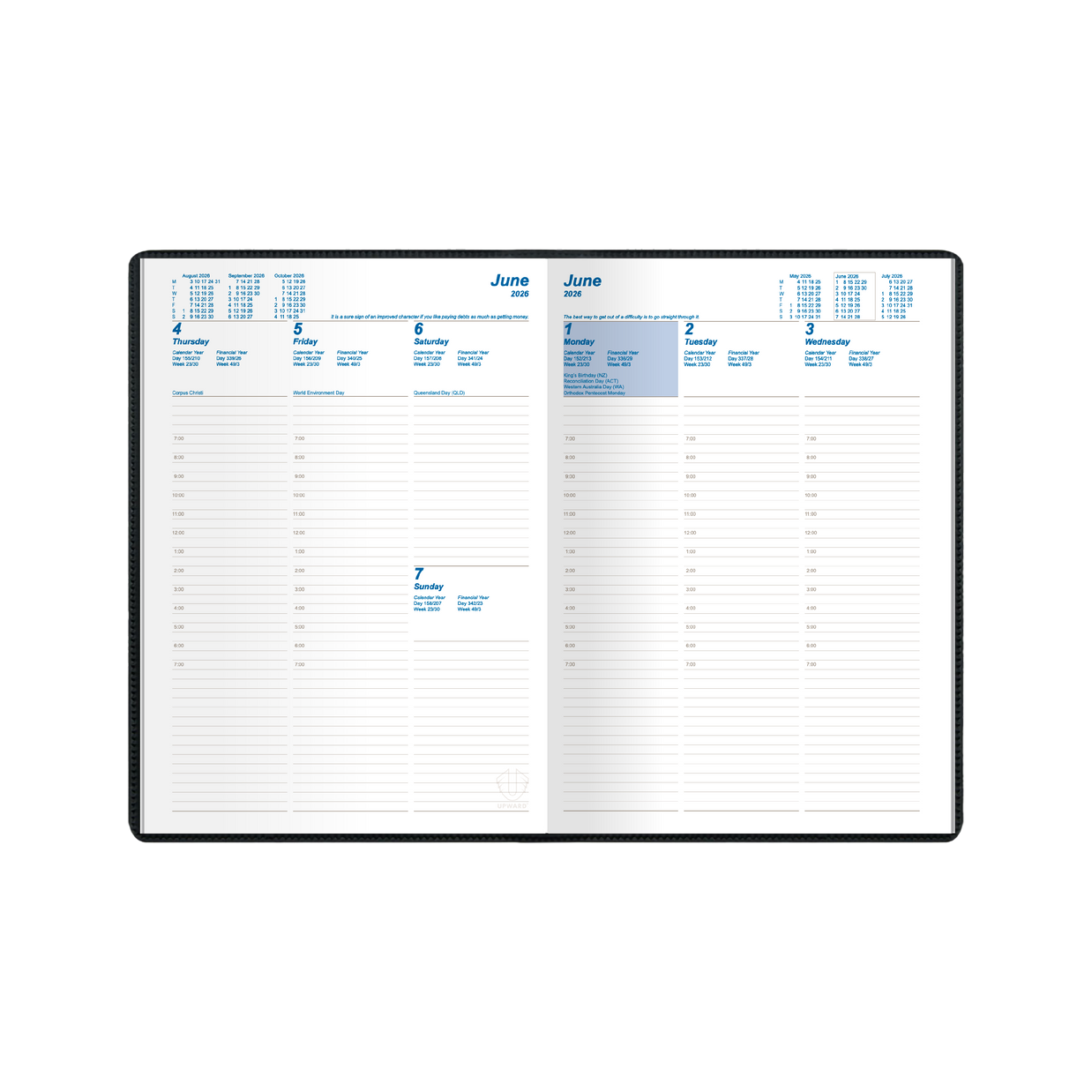 Upward - Standard 8521, 12 Month 2026 Calendar Year Planner, Vertical Week to View Diary, B5 Case Bound