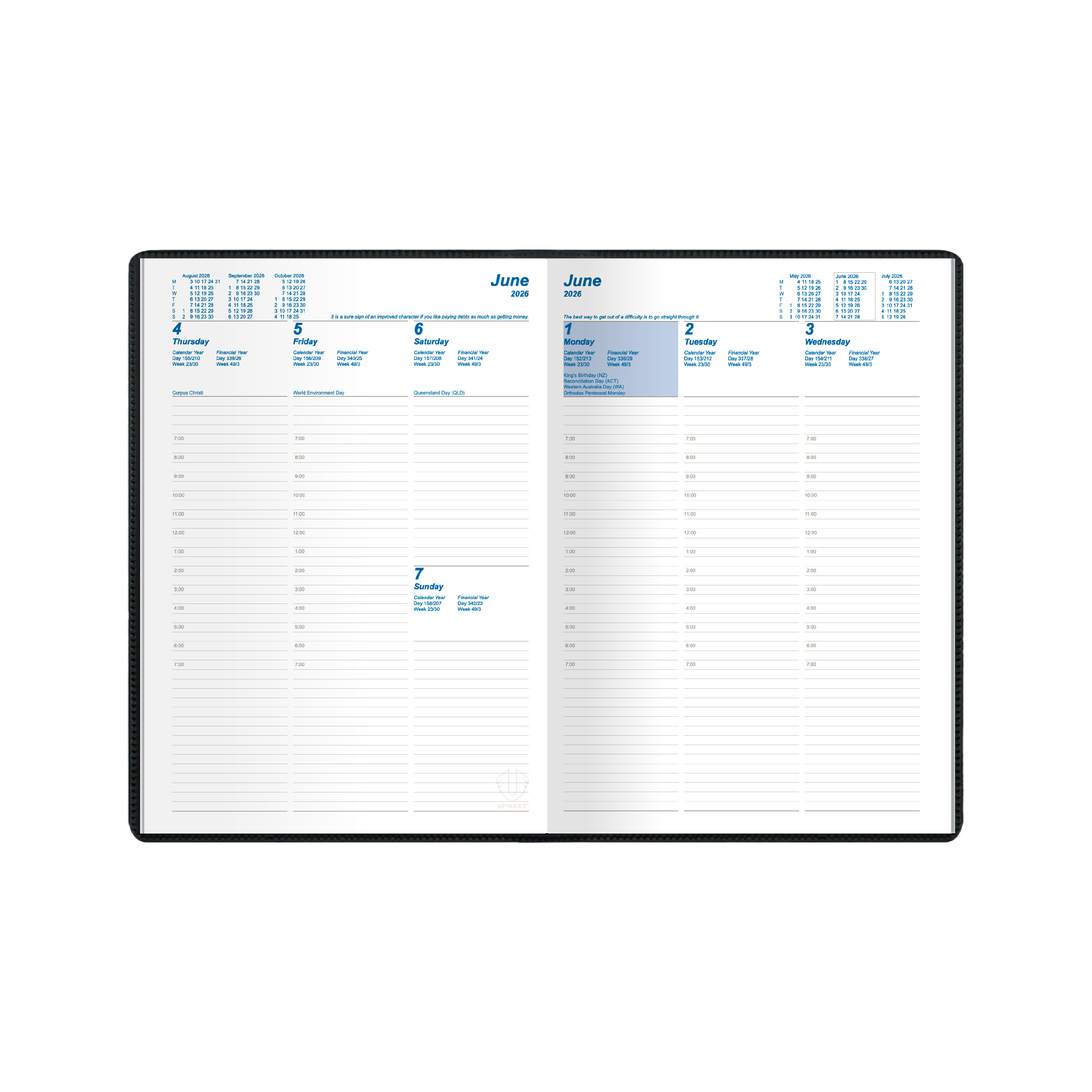 Upward - Standard 8521, 12 Month 2026 Calendar Year Planner, Vertical Week to View Diary, B5 Case Bound