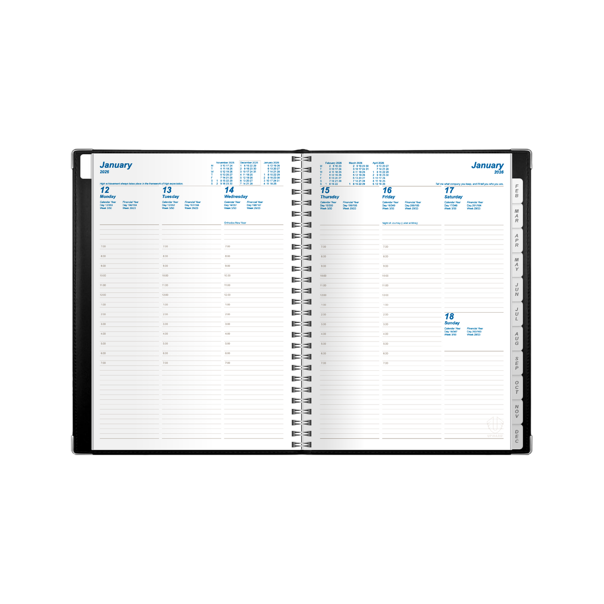 Upward - Deluxe 8542, 12 Month 2026 Calendar Year Planner, Vertical Week to View Diary, B5 Wiro Bound