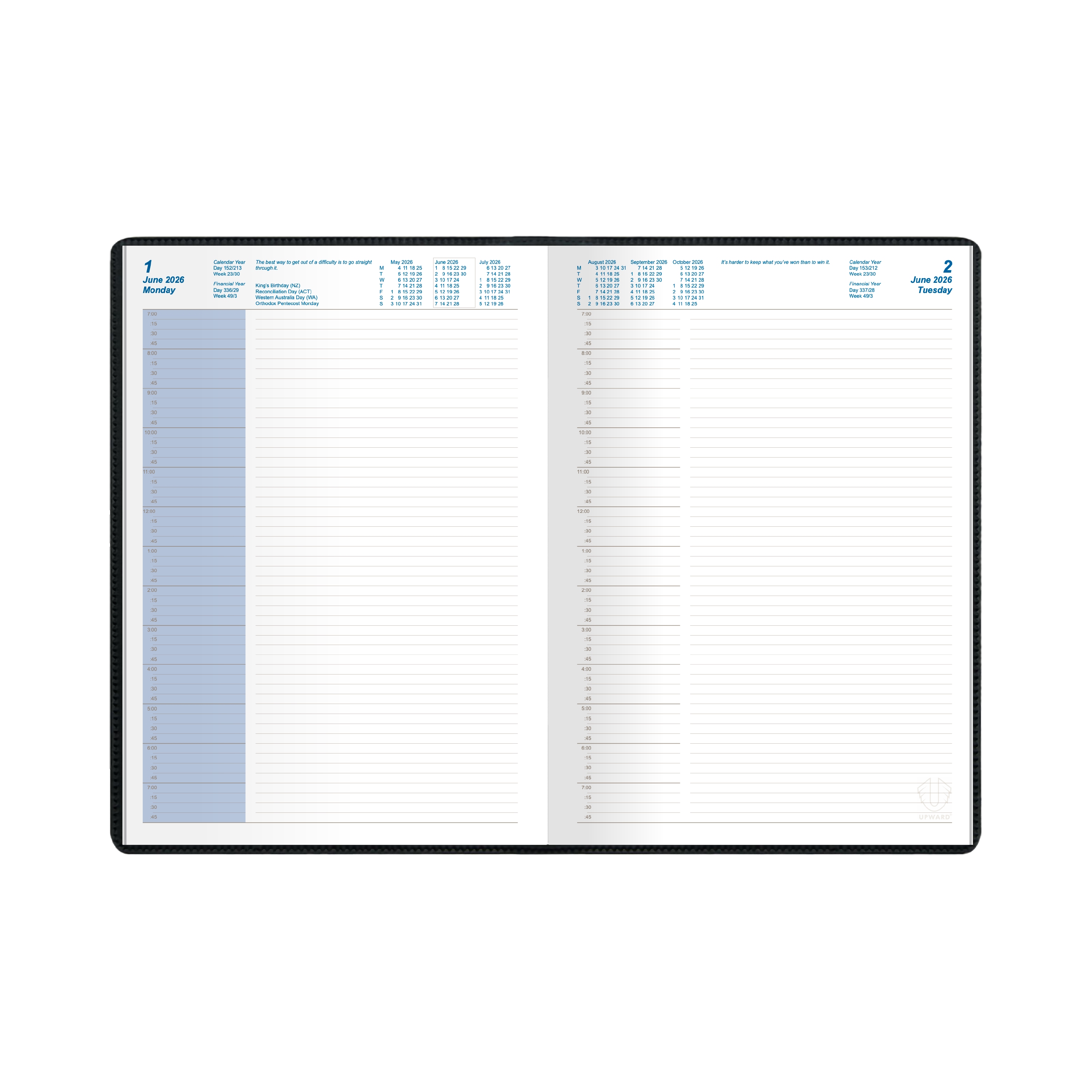 Upward - Standard 9221, 12 Month 2026 Calendar Year Planner, Day to Page Diary, A4 Case Bound