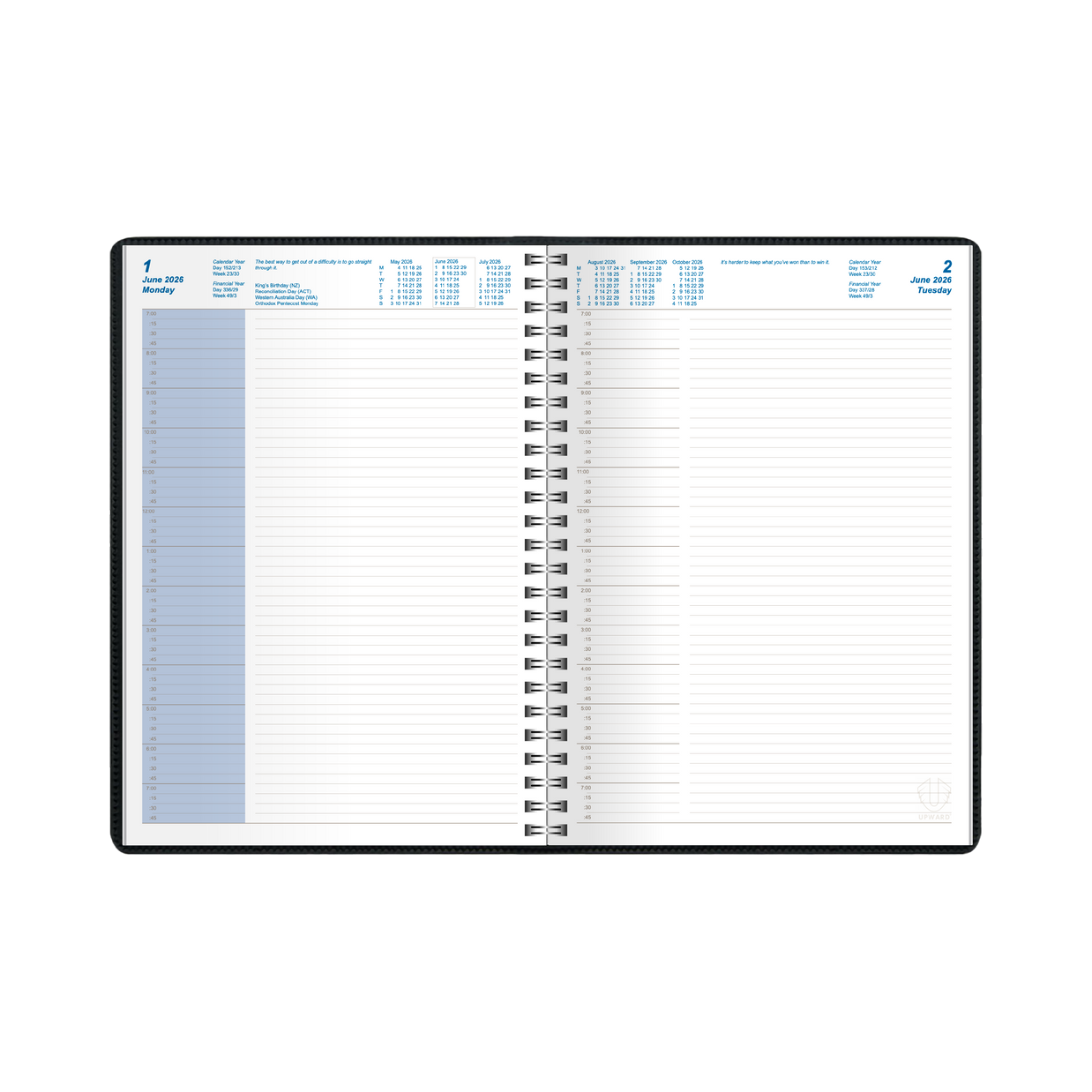 Upward - Superior 9231, 12 Month 2026 Calendar Year Planner, Day to Page Diary, A4 Wiro Bound