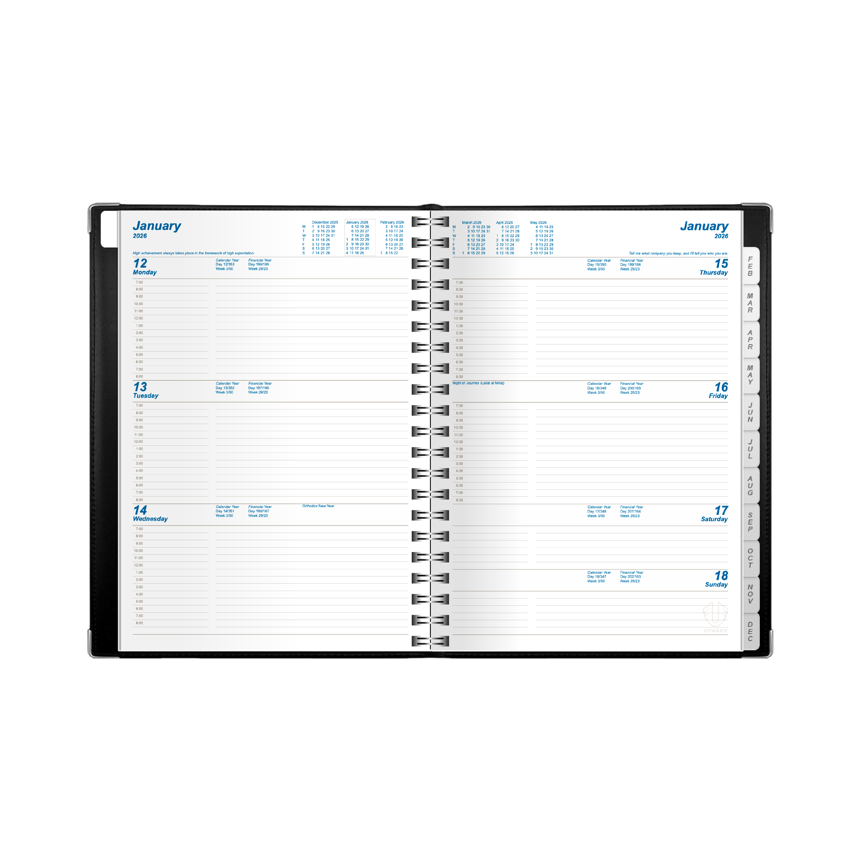 Upward - Deluxe 9442, 12 Month 2026 Calendar Year Planner, Week to View Diary, A4 Wiro Bound