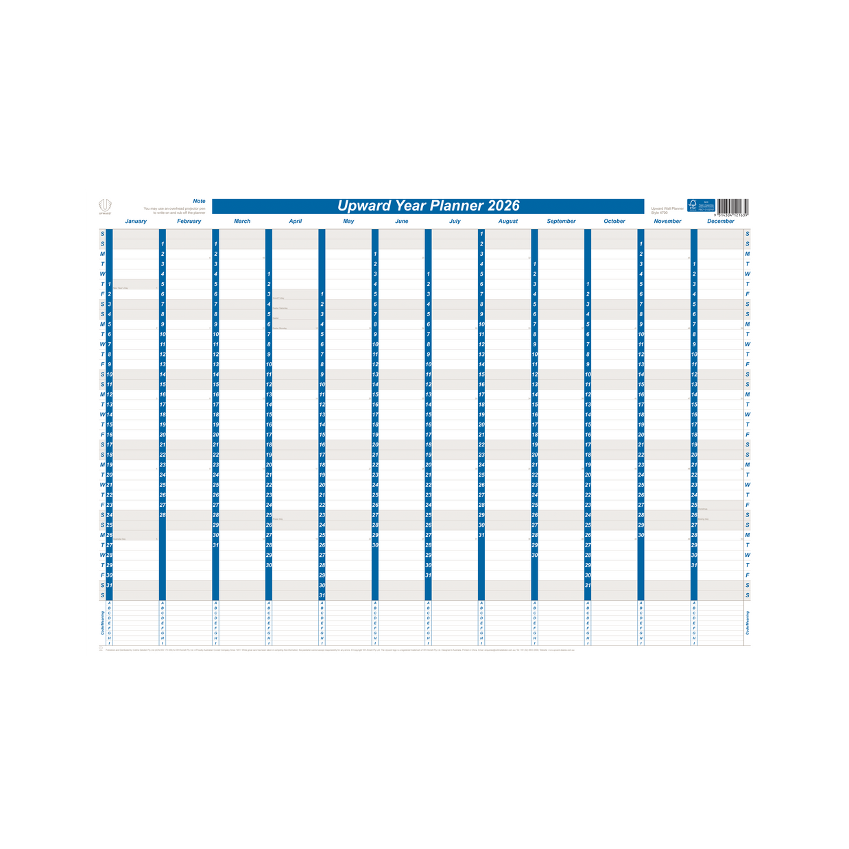 Upward - Laminated Diary Planner 4700, 2026 Calendar Year Planner, 690x470mm Laminated Wall Planner