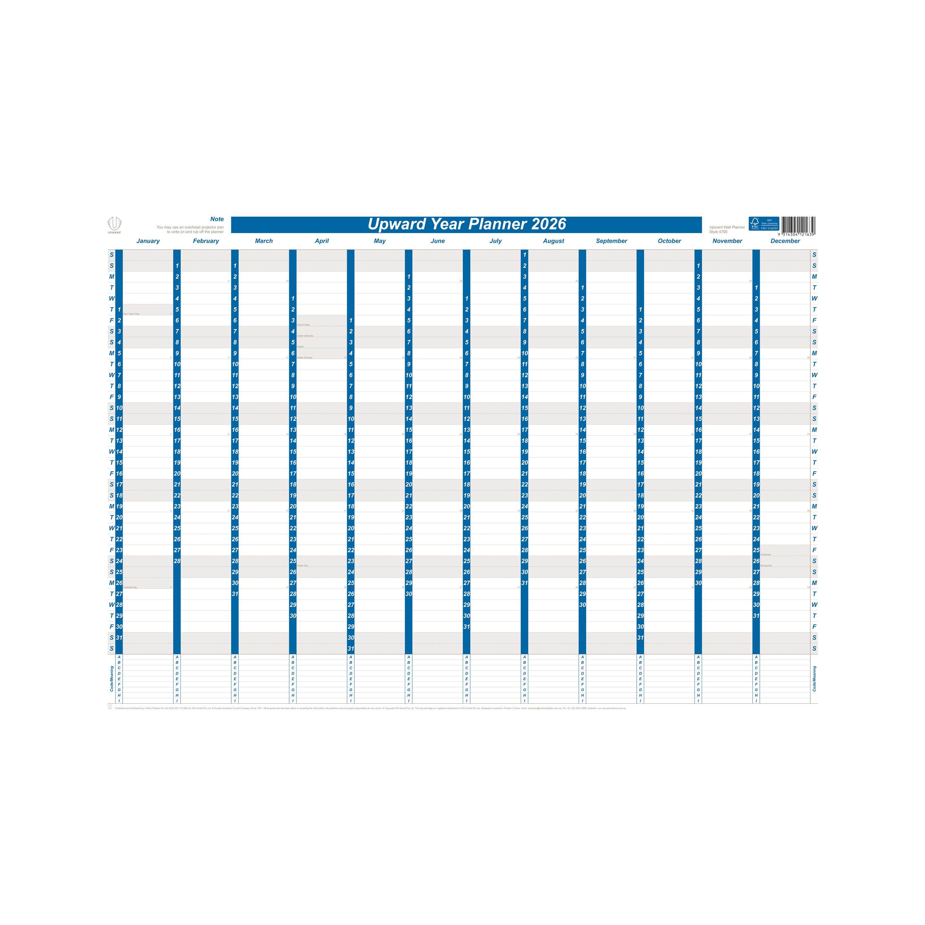 Upward - Laminated Diary Planner 4700, 2026 Calendar Year Planner, 690x470mm Laminated Wall Planner