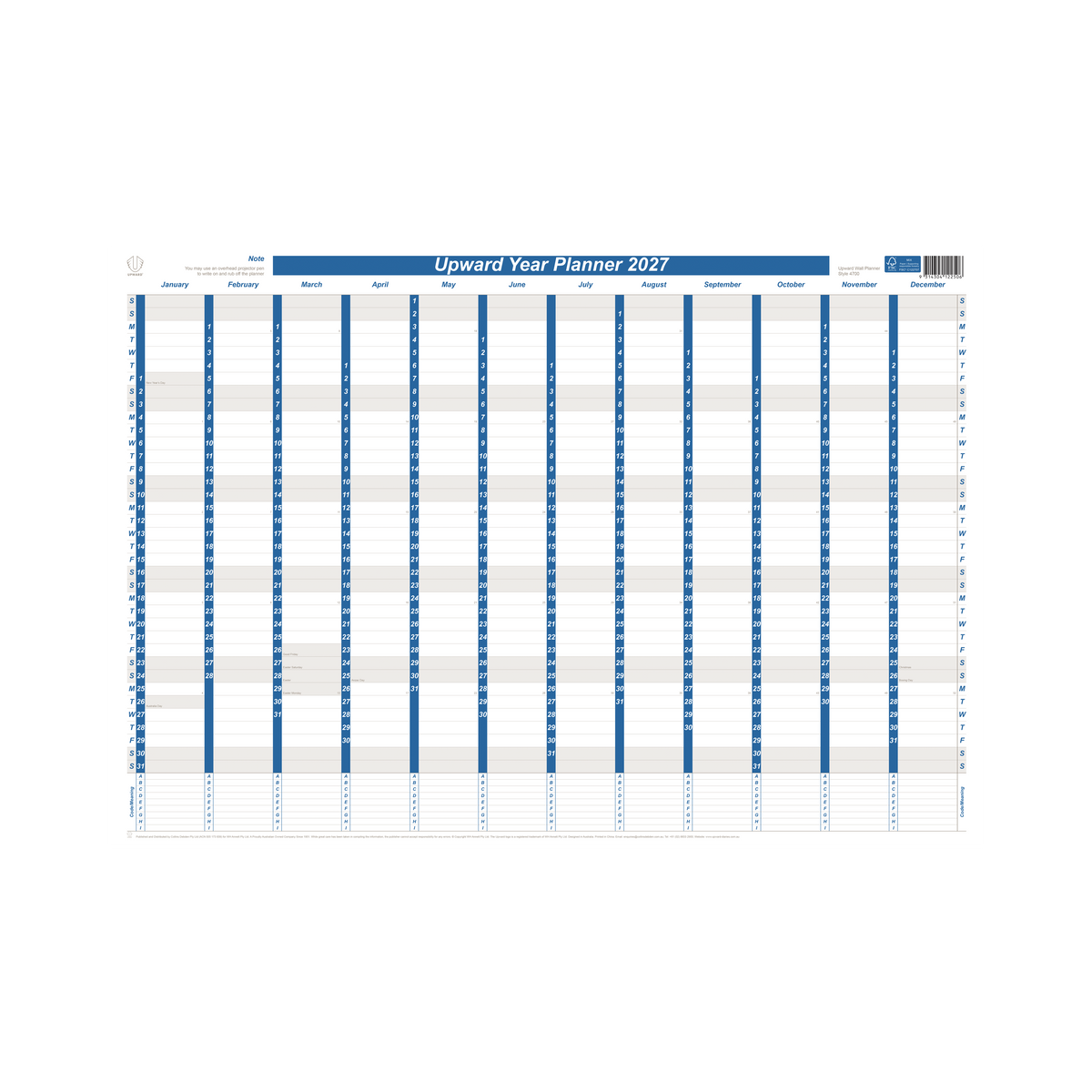 2027 Calendar Year Diary/Planner - 12 Month 690x470mm Wall Planner - Laminated - Upward Planner Range