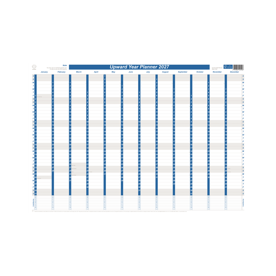 2027 Calendar Year Diary/Planner - 12 Month 690x470mm Wall Planner - Laminated - Upward Planner Range
