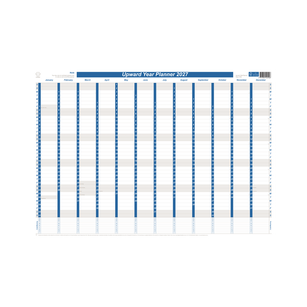 2027 Calendar Year Diary/Planner - 12 Month 690x470mm Wall Planner - Laminated - Upward Planner Range