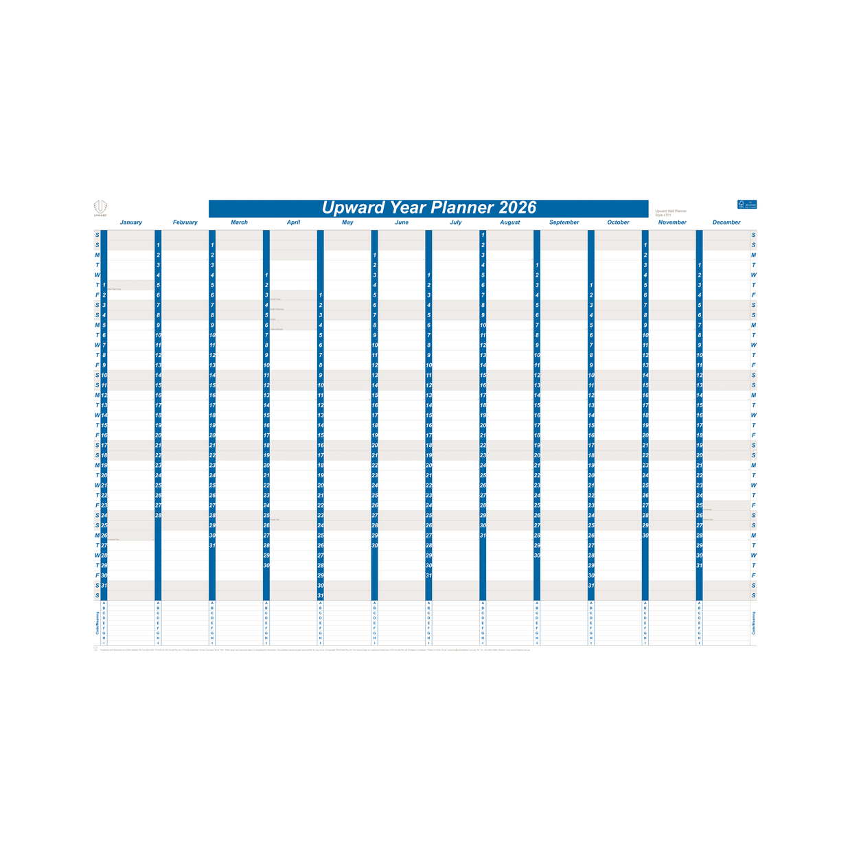 Upward - Paper Diary Planner 4701, 2026 Calendar Year Planner, 1005x685mm Paper Wall Planner