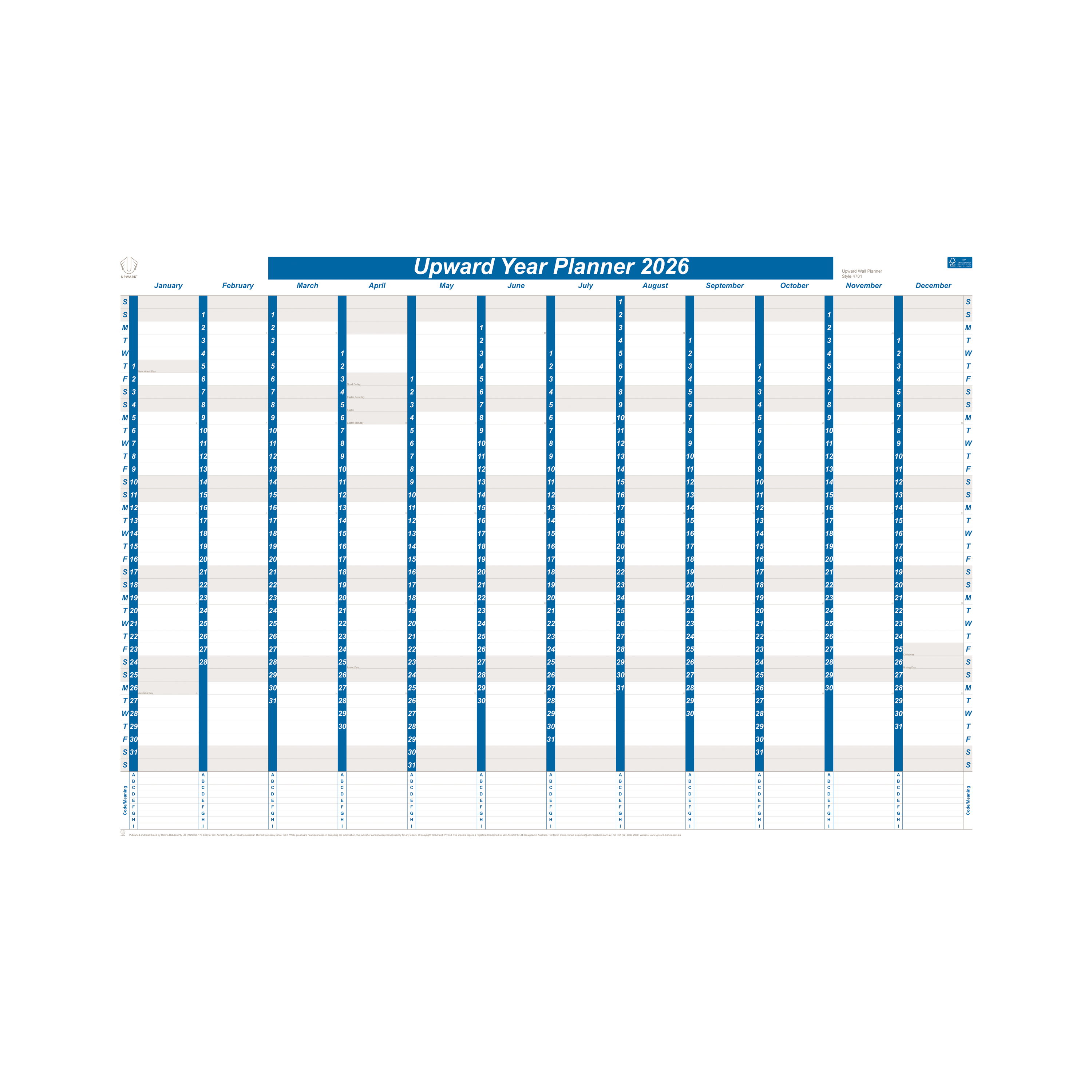 Upward - Paper Diary Planner 4701, 2026 Calendar Year Planner, 1005x685mm Paper Wall Planner