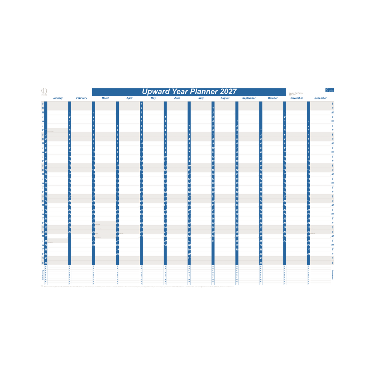 2027 Calendar Year Diary/Planner - 12 Month 1005x685mm Wall Planner - Strong Paper - Upward Planner Range