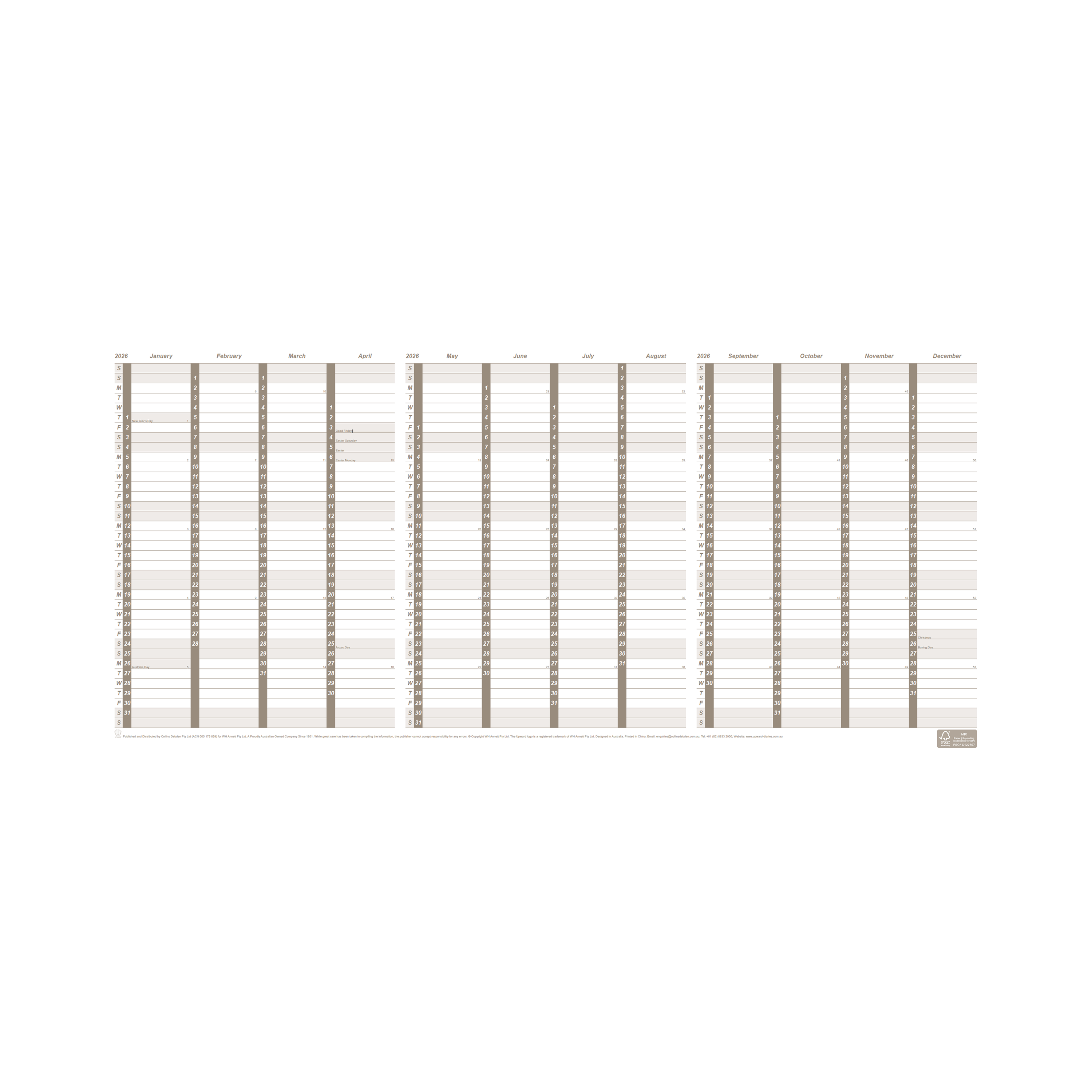 Upward - Diary Planner 4702, 2026 Calendar Year Planner, A4 Fold out 557x297mm Paper Planner