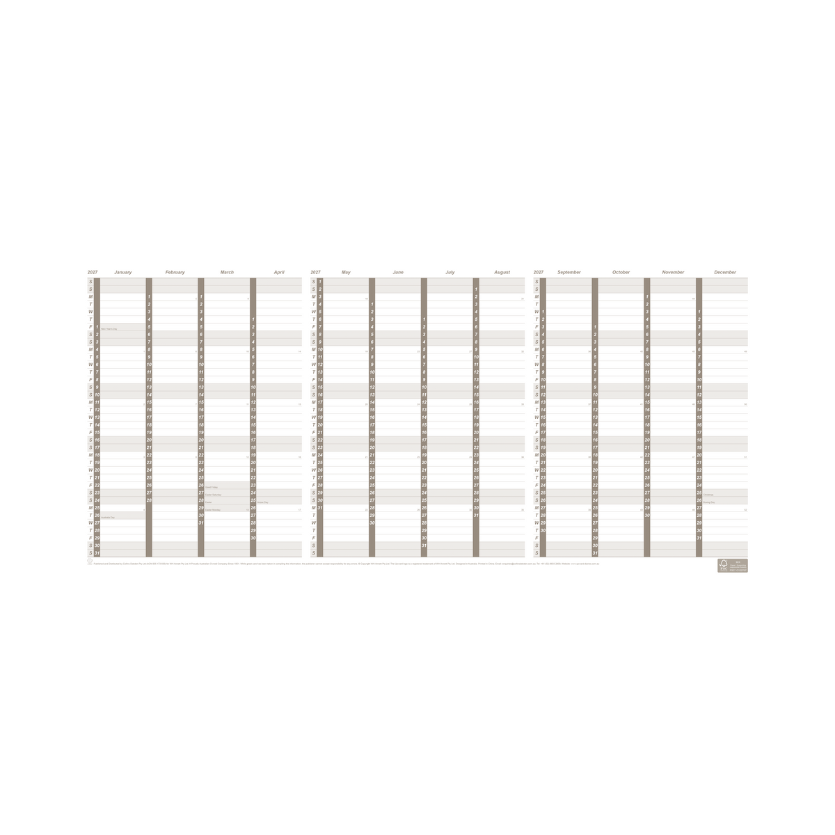 2027 Calendar Year Diary/Planner - 24 Month A4 Fold Out 557x297mm Wall Planner - Strong Paper - Upward Planner Range