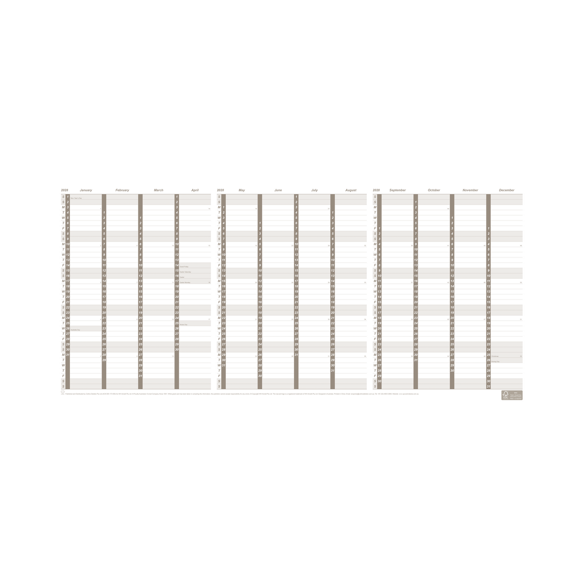 2027 Calendar Year Diary/Planner - 24 Month A4 Fold Out 557x297mm Wall Planner - Strong Paper - Upward Planner Range