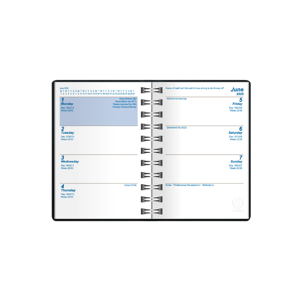 Upward - Superior 5431, 12 Month 2026 Calendar Year Planner, Week to View Diary, A7 Wiro Bound