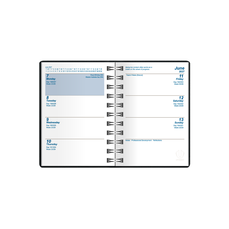 2027 Calendar Year Diary/Planner - 12 Month A7 Week to View Diary - Wiro Bound - Upward Superior Range