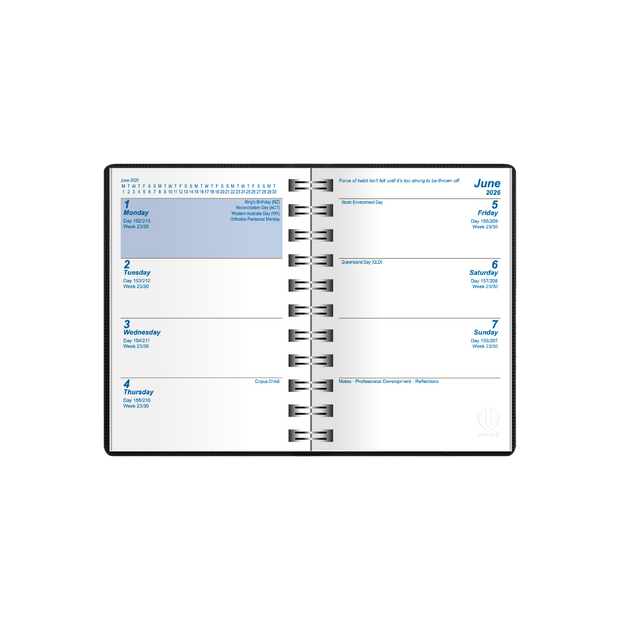 Upward - Nurse's Diary 5435, 12 Month 2026 Calendar Year Planner, Week to View Diary, A7 Wiro Bound