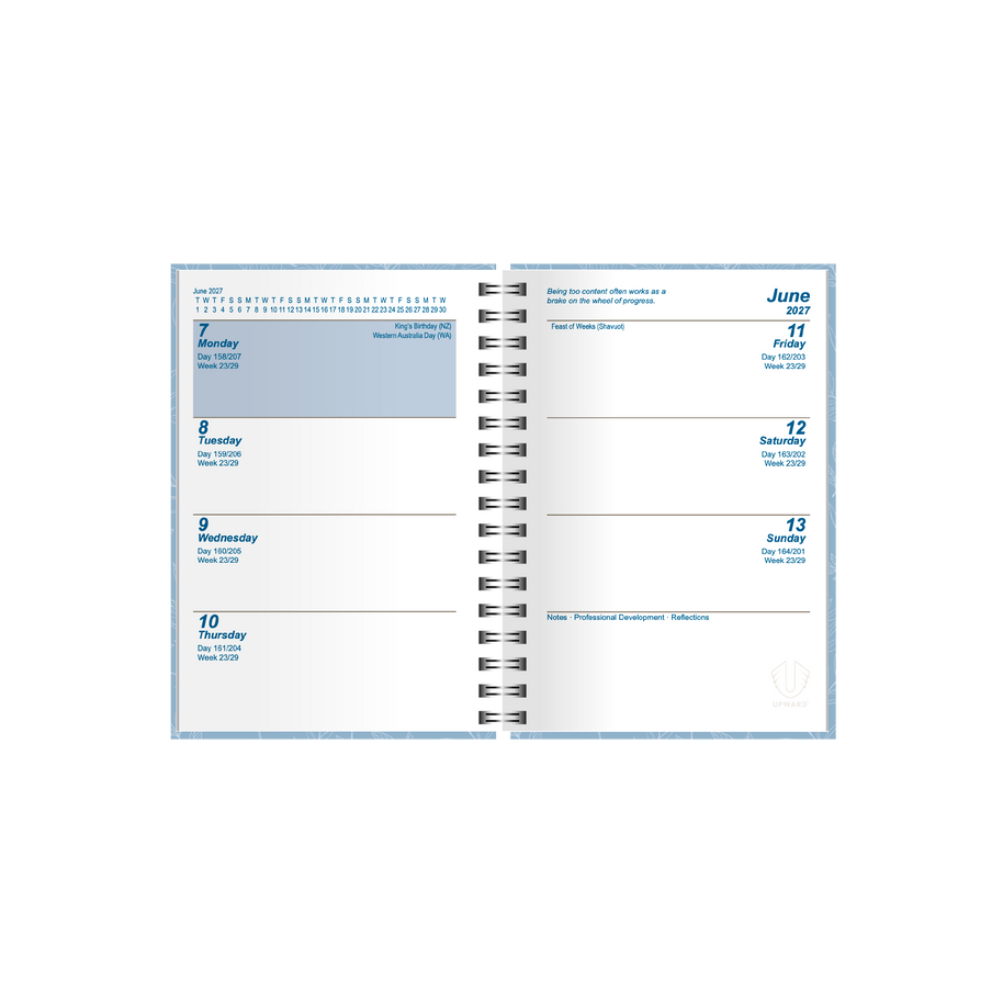 2027 Calendar Year Diary/Planner - 12 Month A7 Week to View Diary - Wiro Bound - Upward Fashion Range