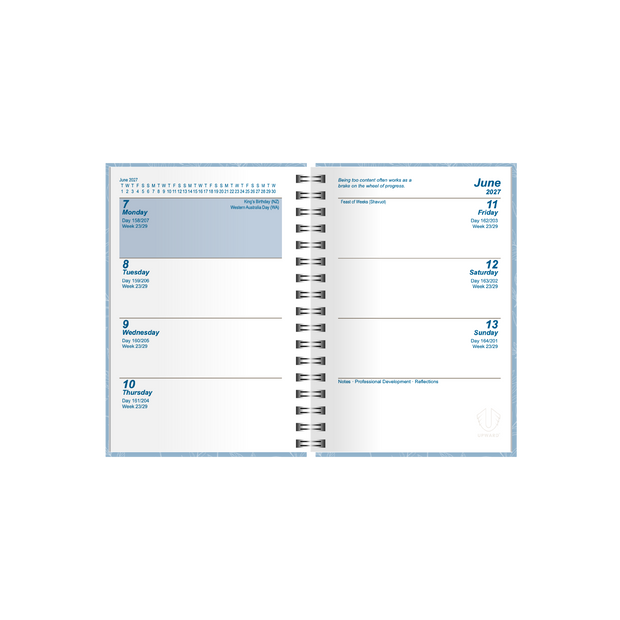 2027 Calendar Year Diary/Planner - 12 Month A7 Week to View Diary - Wiro Bound - Upward Fashion Range
