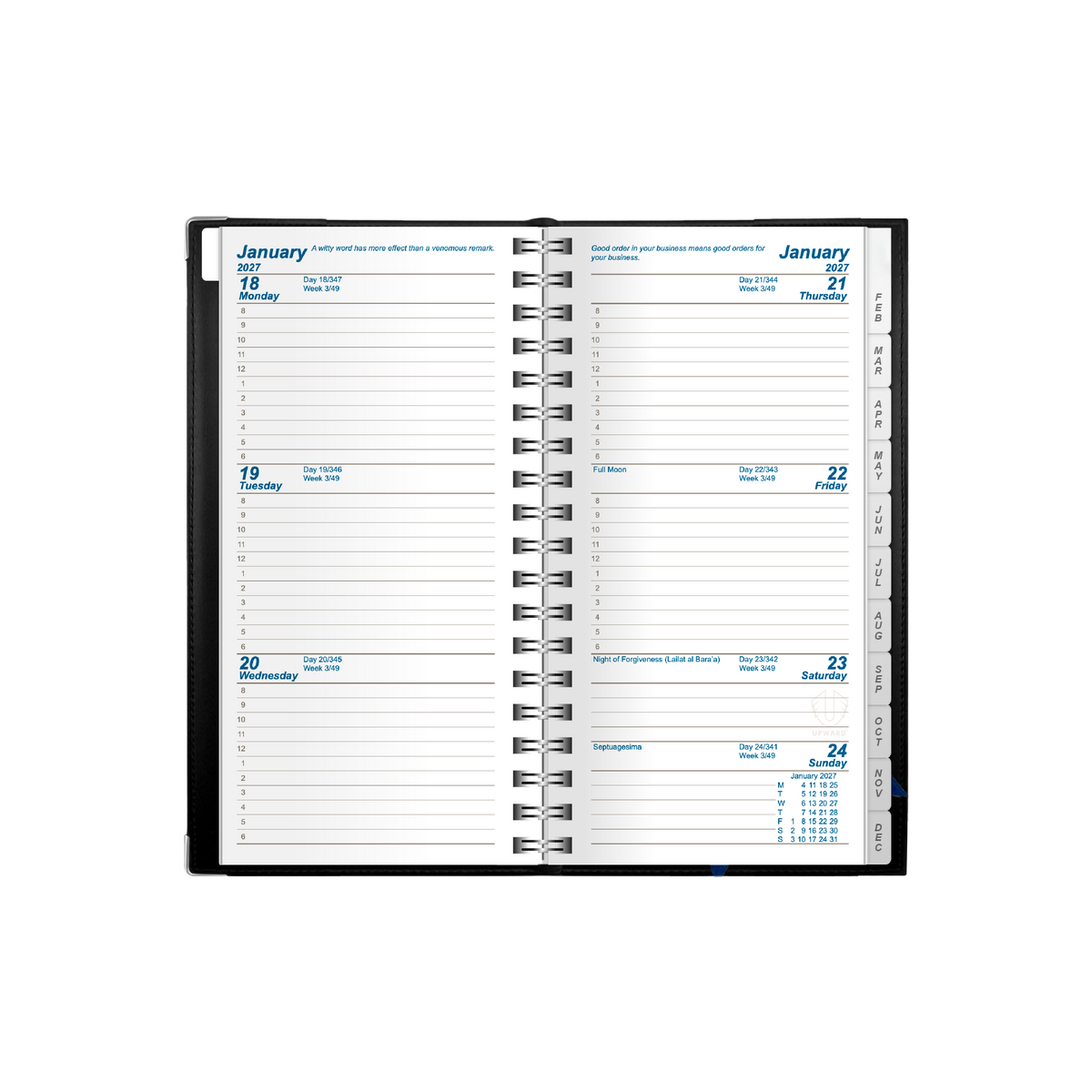 2027 Calendar Year Diary/Planner - 12 Month A6 Week to View Diary - Wiro Bound - Upward Deluxe Range
