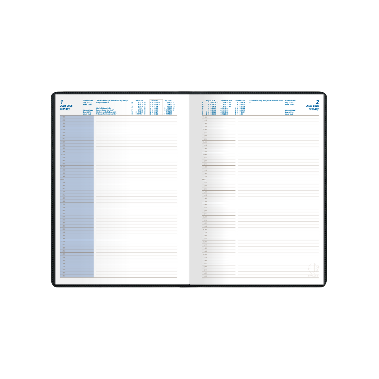 Upward - Standard 7221, 12 Month 2026 Calendar Year Planner, Day to Page Diary, A5 Case Bound