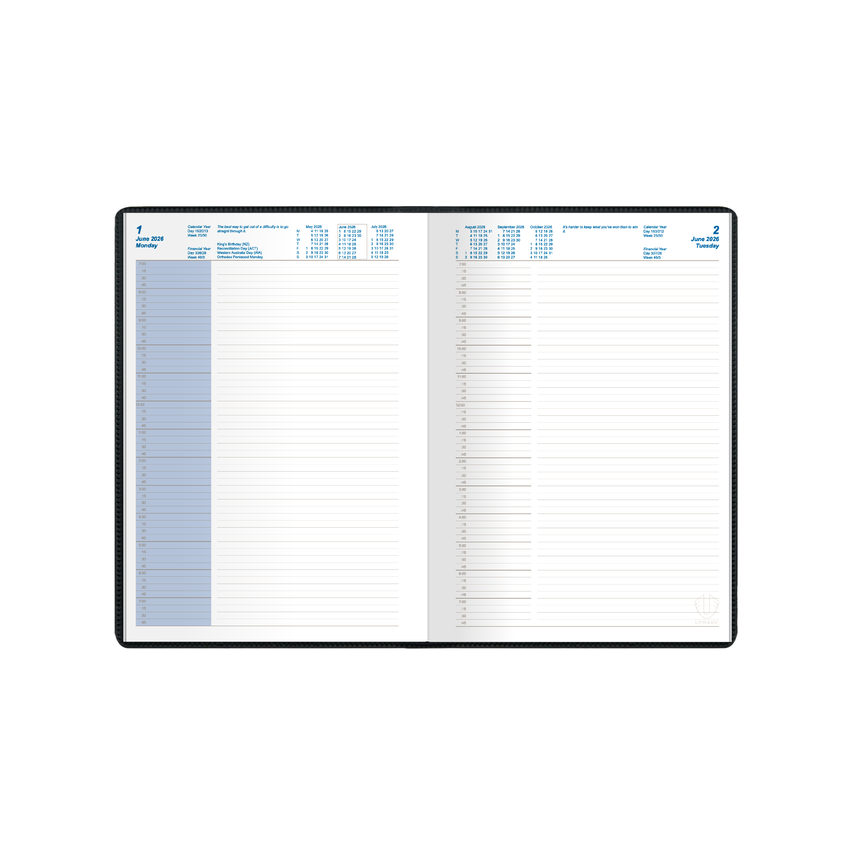 Upward - Standard 7221, 12 Month 2026 Calendar Year Planner, Day to Page Diary, A5 Case Bound