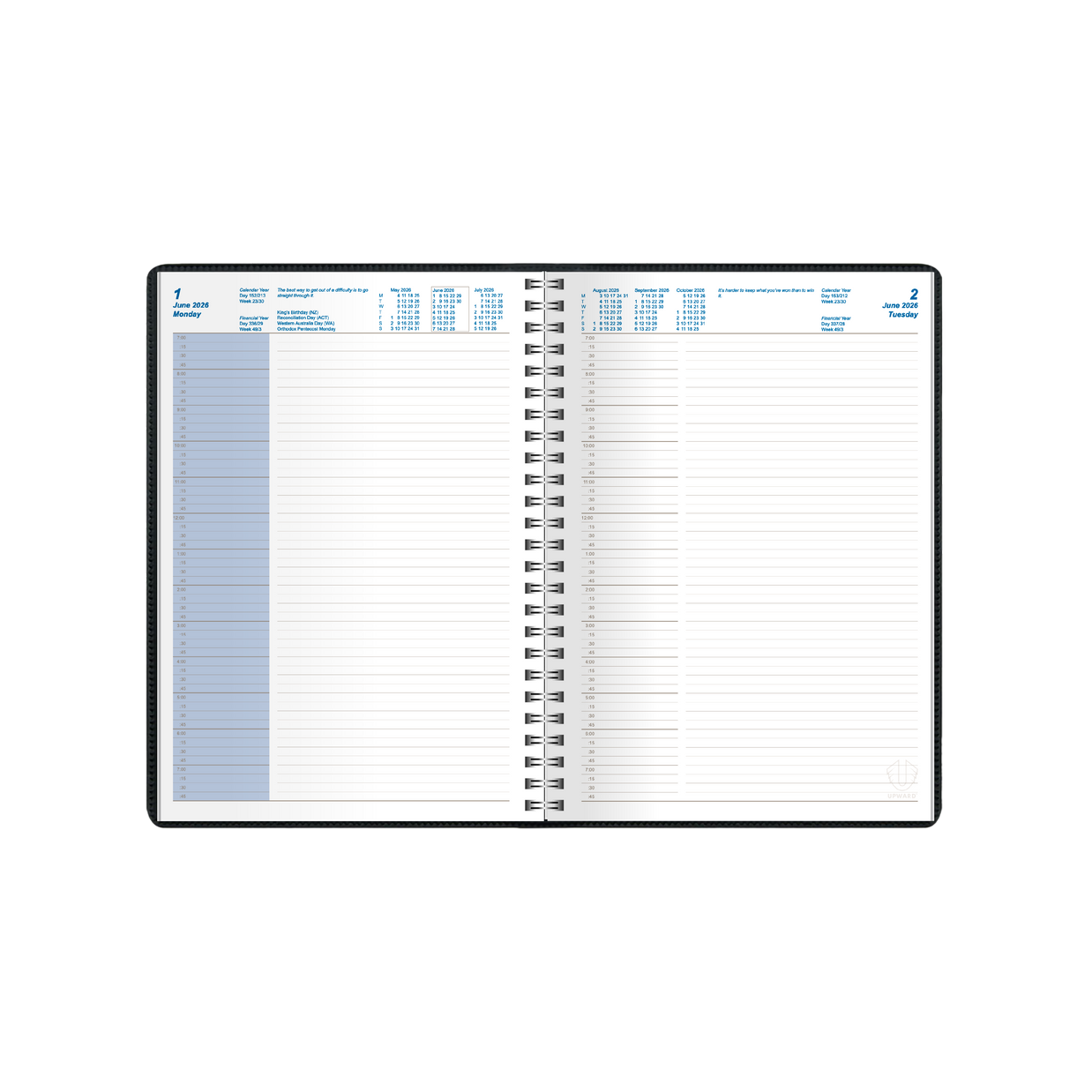 Upward - Superior 7231, 12 Month 2026 Calendar Year Planner, Day to Page Diary, A5 Wiro Bound