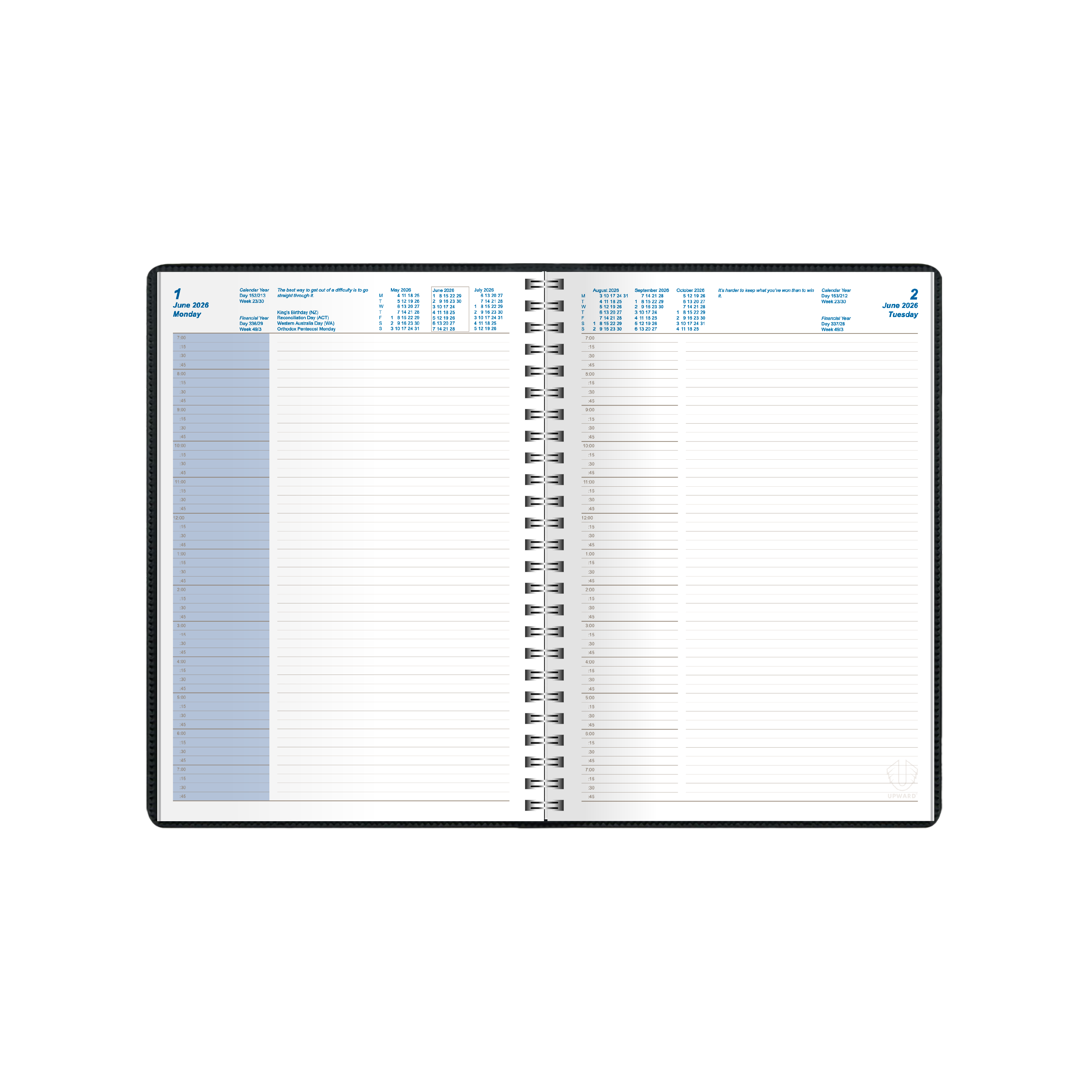 Upward - Superior 7231, 12 Month 2026 Calendar Year Planner, Day to Page Diary, A5 Wiro Bound