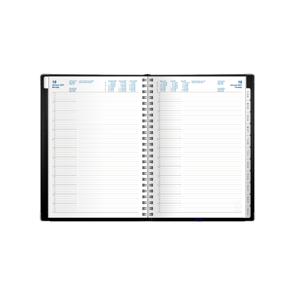 2027 Calendar Year Diary/Planner - 12 Month A5 Day to Page Diary - Wiro Bound - Upward Deluxe Range