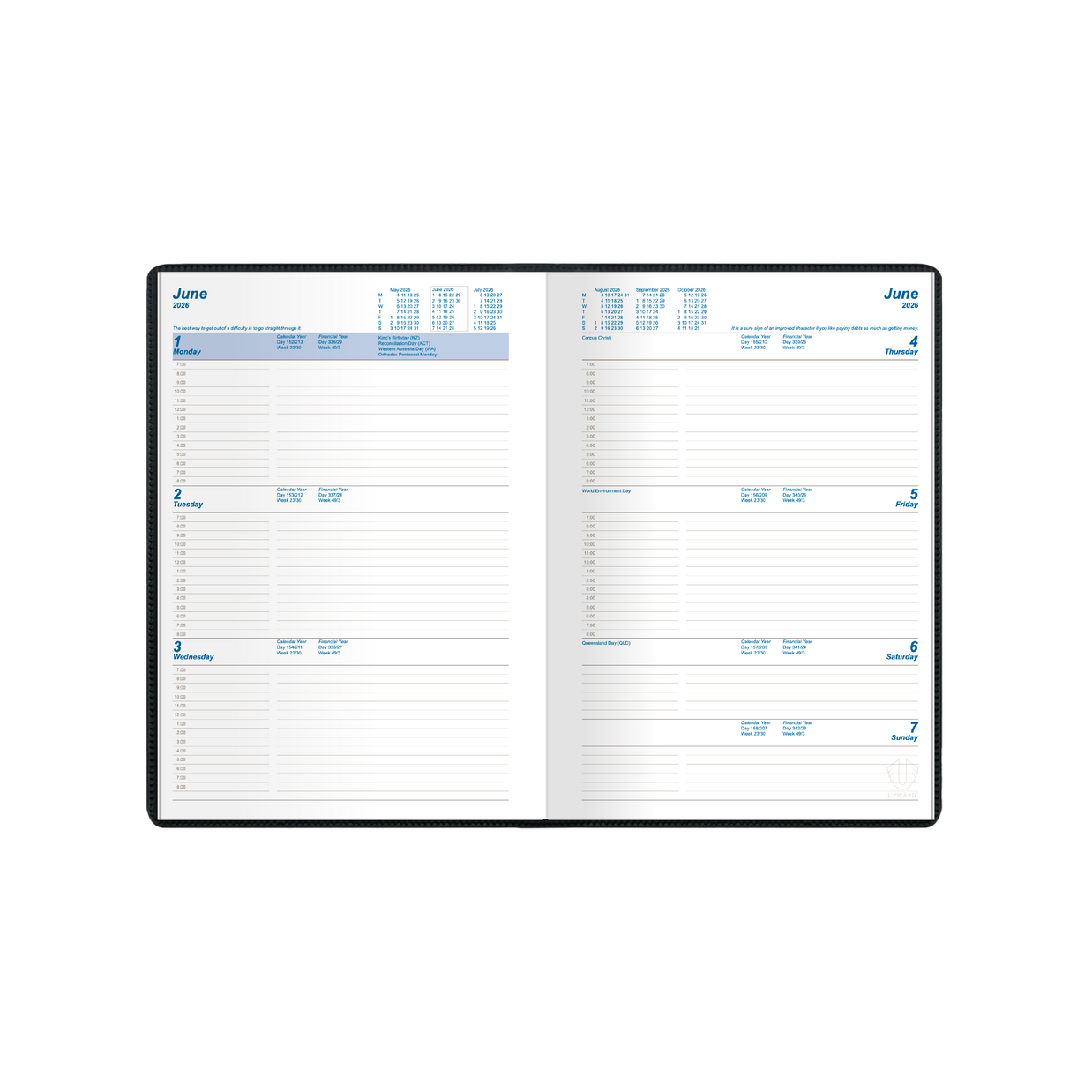 Upward - Standard 7421, 12 Month 2026 Calendar Year Planner, Week to View Diary, A5 Case Bound