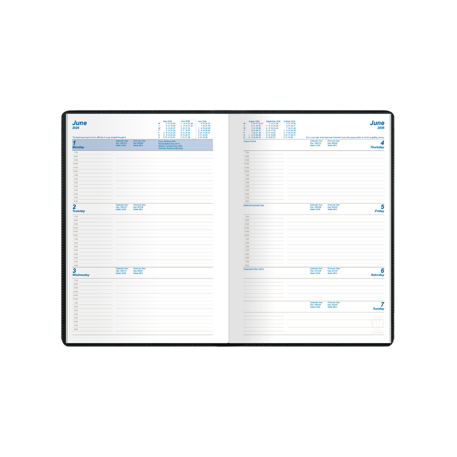 Upward - Standard 7421, 12 Month 2026 Calendar Year Planner, Week to View Diary, A5 Case Bound