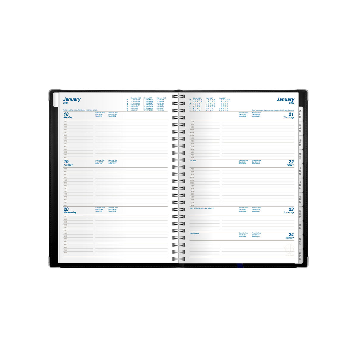 2027 Calendar Year Diary/Planner - 12 Month A5 Week to View Diary - Wiro Bound - Upward Deluxe Range