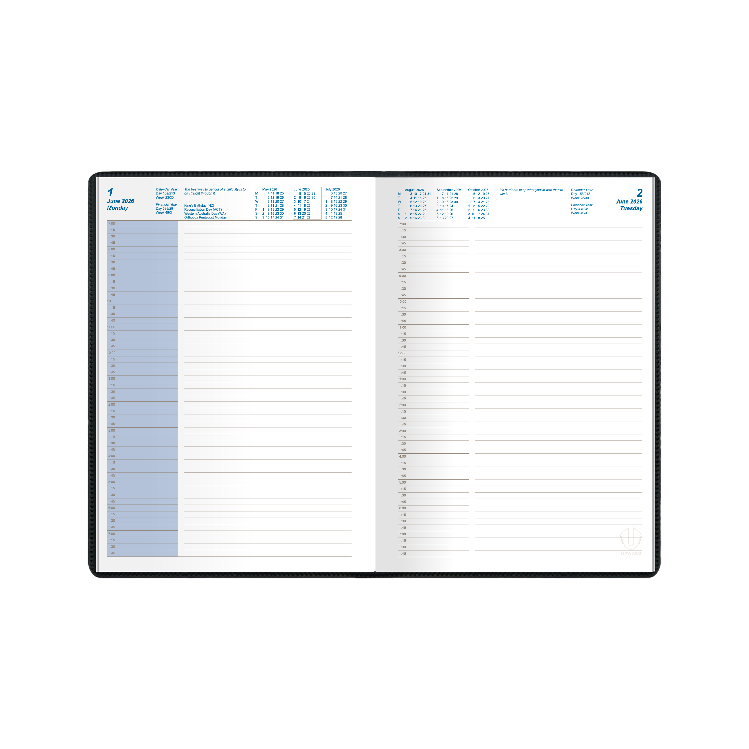 Upward - Standard 8221, 12 Month 2026 Calendar Year Planner, Day to Page Diary, B5 Case Bound