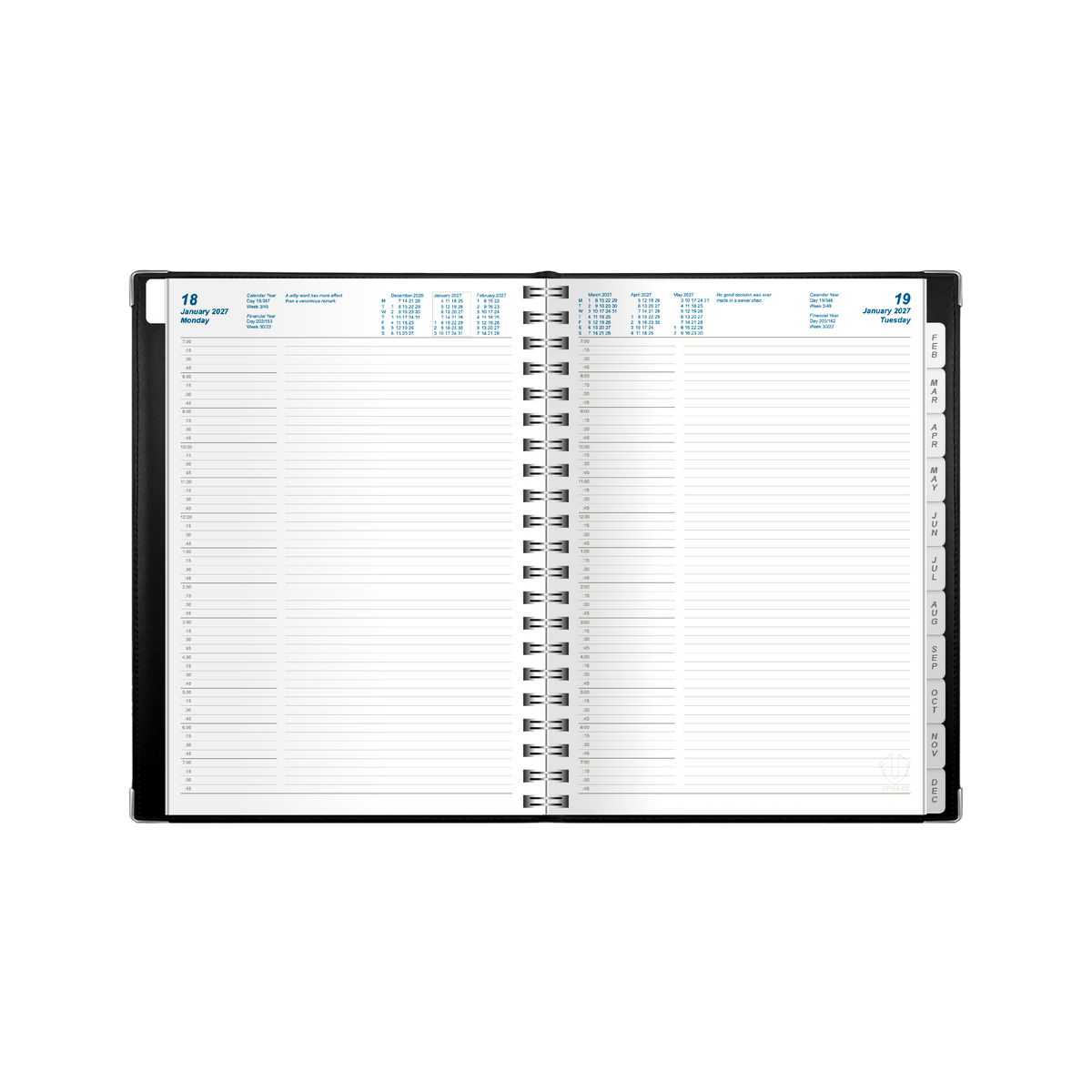2027 Calendar Year Diary/Planner - 12 Month B5 Day to Page Diary - Wiro Bound - Upward Deluxe Range