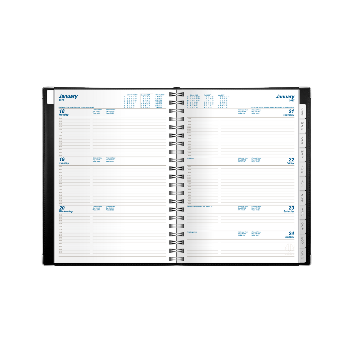 2027 Calendar Year Diary/Planner - 12 Month B5 Week to View Diary - Wiro Bound - Upward Deluxe Range
