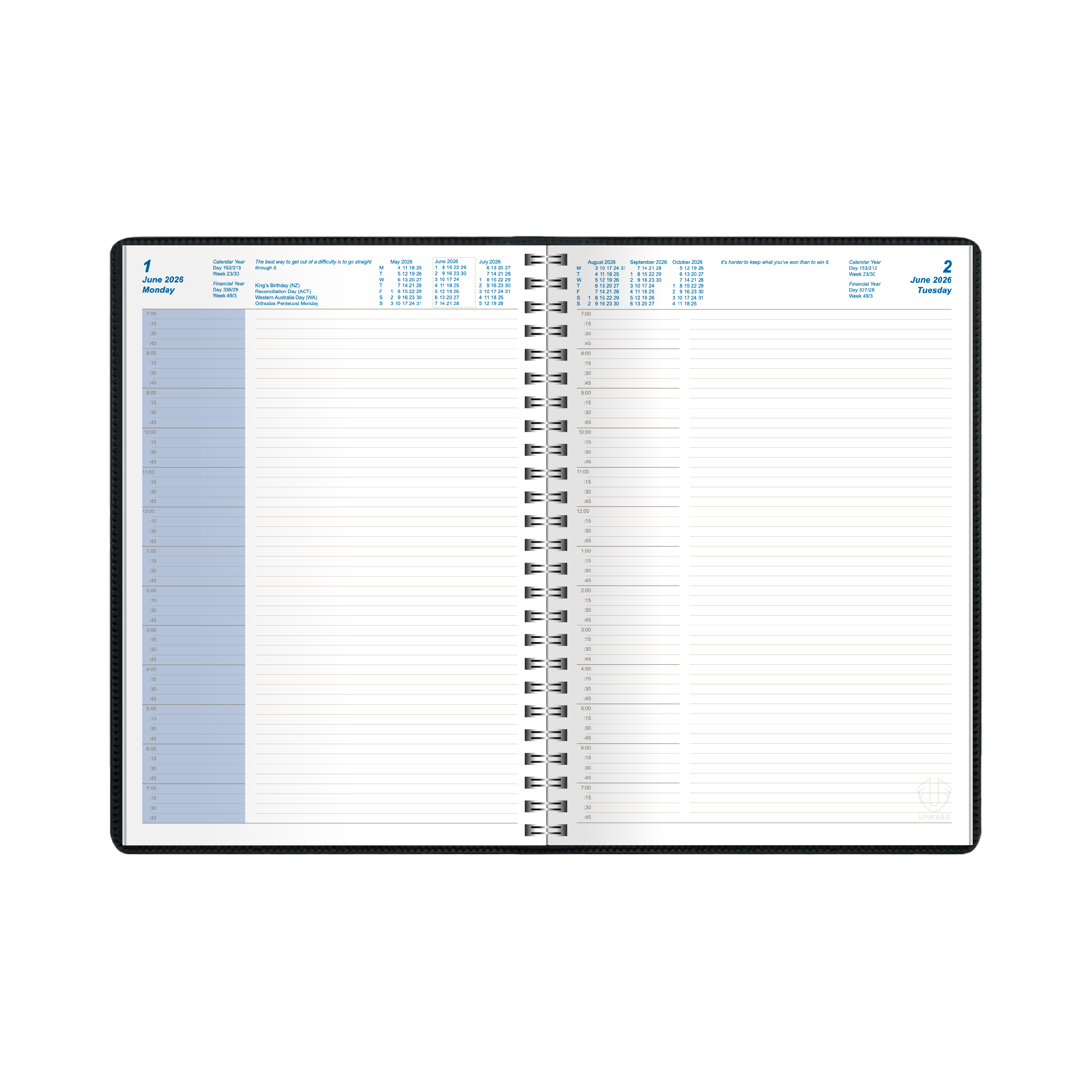 Upward - Superior 9231, 12 Month 2026 Calendar Year Planner, Day to Page Diary, A4 Wiro Bound