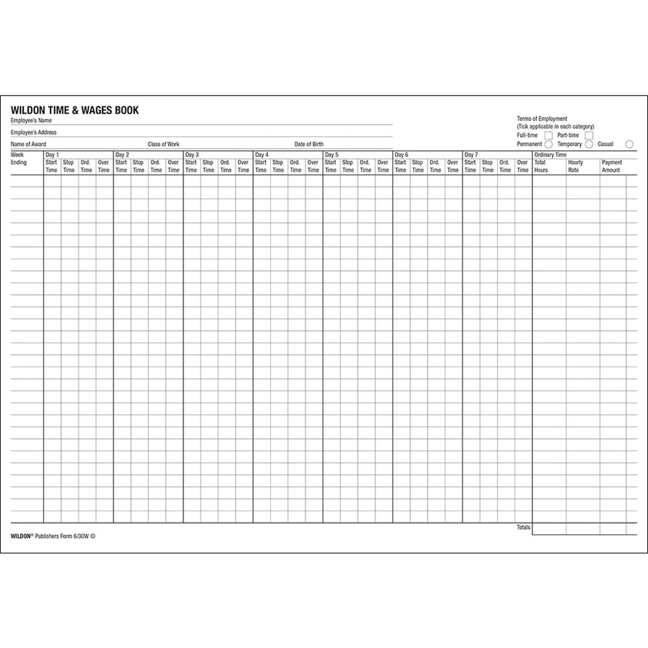 Wildon - Time And Wages Book For Up To 6 Employees 13 Page, A4 Landscape Soft Cover