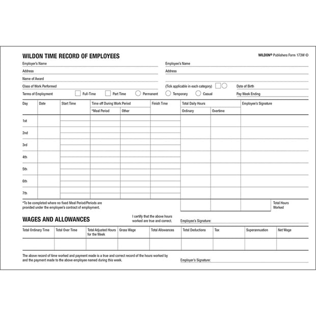 Wildon - Time Record Of Employees 52 Forms, A5 Landscape Soft Cover