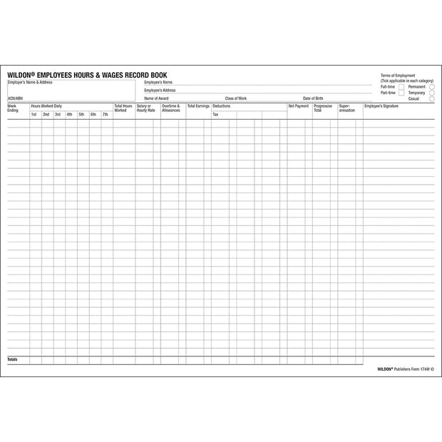 Wildon - Hours And Wages Book 54 Page, A4 Landscape Soft Cover