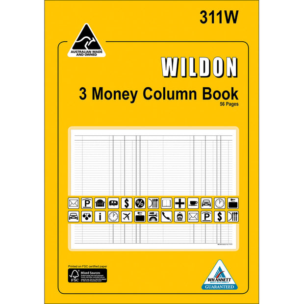 Wildon - 3 Money Column Book 56 Page, A4 Soft Cover - Yellow