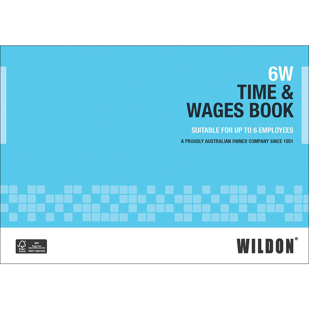 Wildon - Time And Wages Book For Up To 6 Employees 13 Page, A4 Landscape Soft Cover - Blue