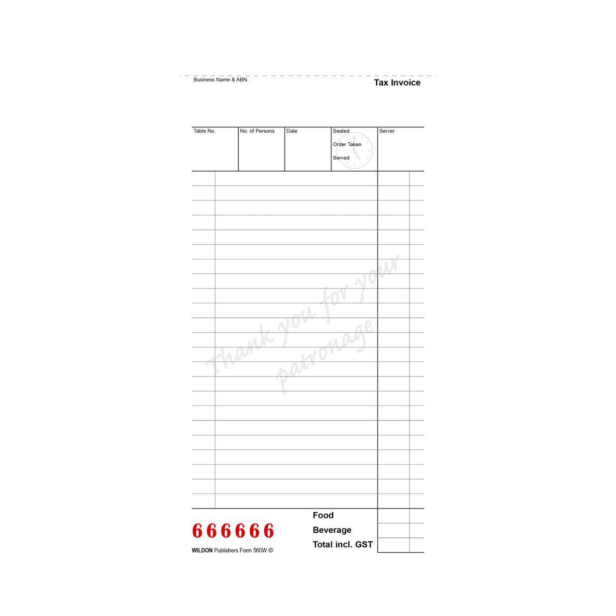 Wildon - Triplicate Restaurant Docket Book 50 Forms, 210x102mm