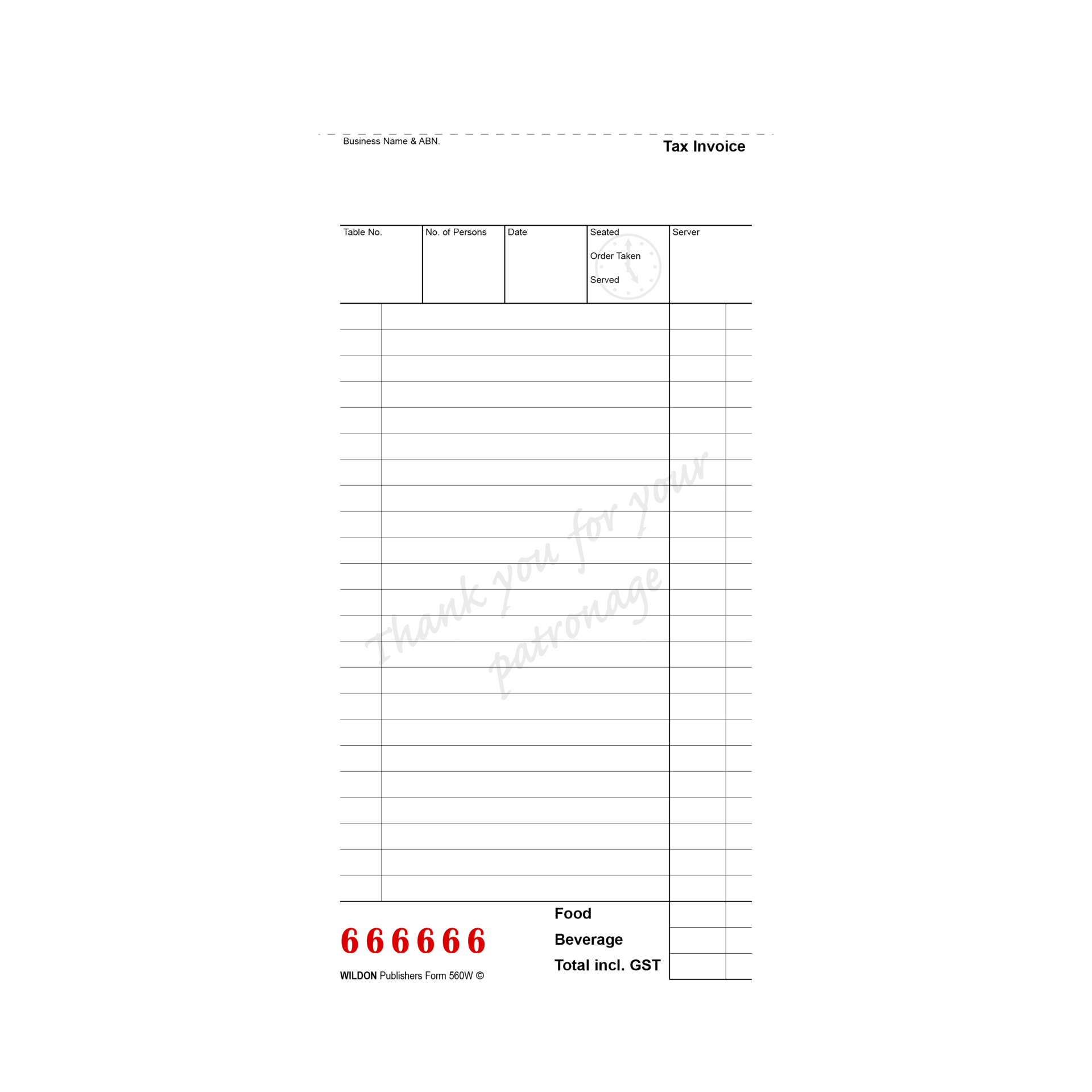 Wildon - Quadruplicate Restaurant Docket Book 25 Forms, 210x102mm