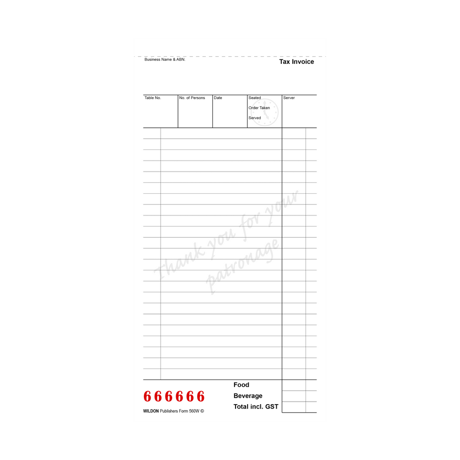 Wildon - Triplicate Restaurant Docket Book 50 Forms, 210x102mm