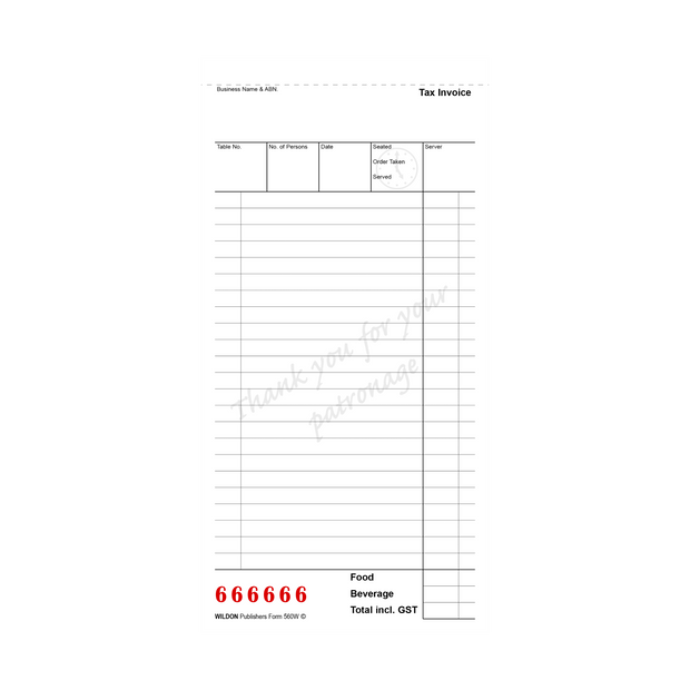 Wildon - Triplicate Restaurant Docket Book 50 Forms, 210x102mm